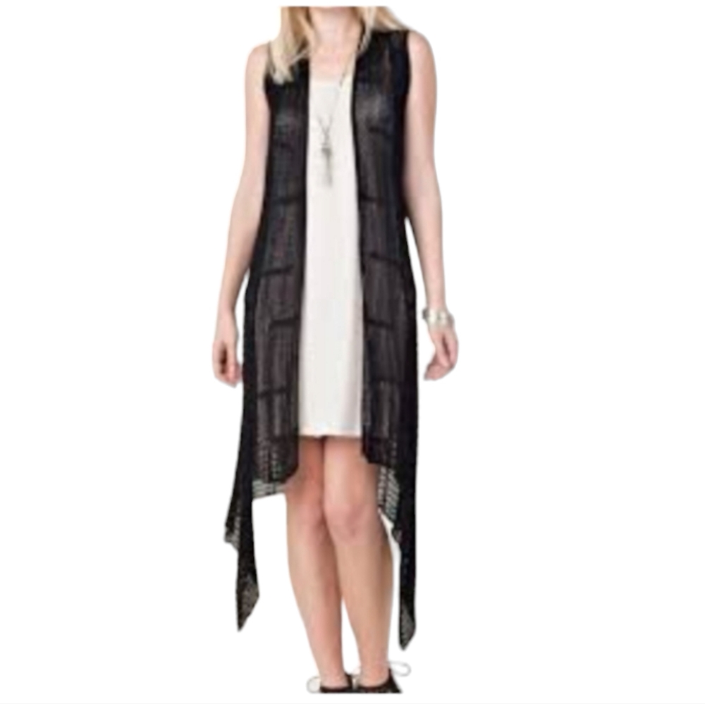 Unique black open sleeveless cardigan, OS, draping hem